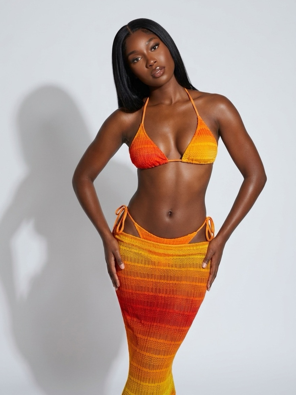 Orage Orange and Red Ombre Crochet Bikini Set with Skirt